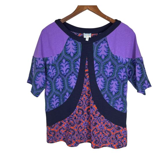 Tracy Reese 100% Silk Purple Pattern 3/4 Sleeve Lightweight Breezy Colorful Top - Picture 8 of 11